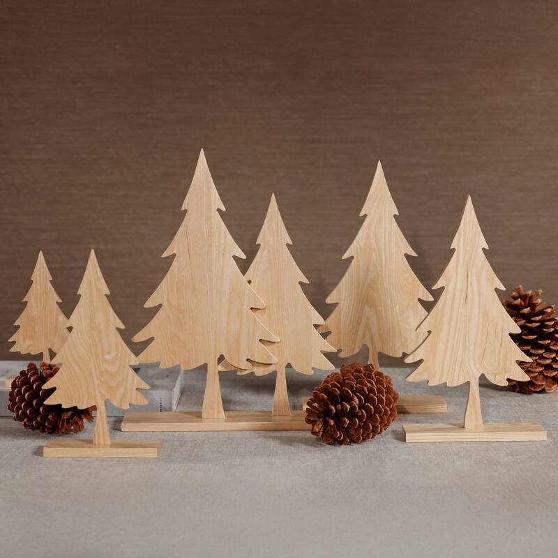 Natural Ash Wood Silhouette Double Christmas Trees on Base