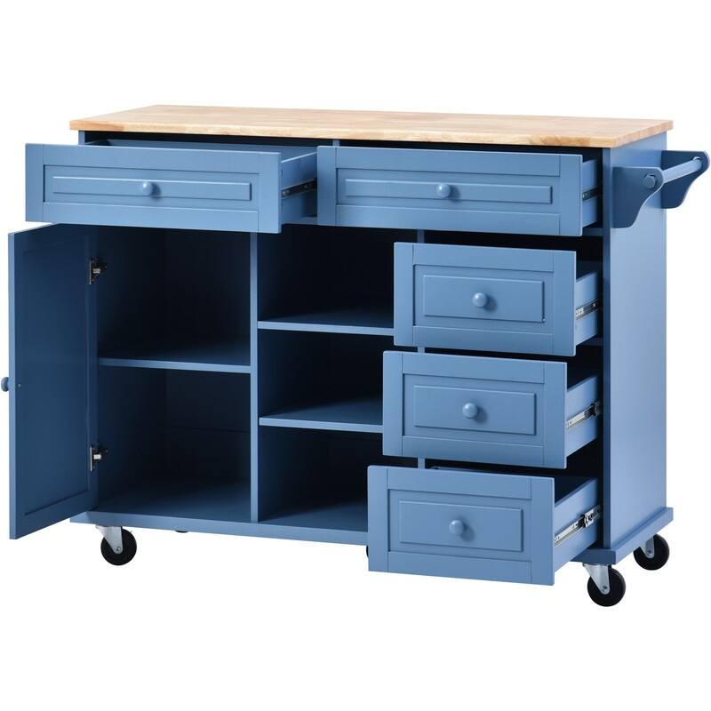Rubber Wood Desktop Rolling Mobile Kitchen Island with 5 Drawers