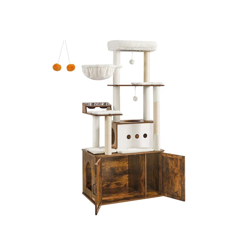 66.9-Inch Cat Tower with Litter Box Enclosure and Comfortable Removable Cushions - Rustic-Brown