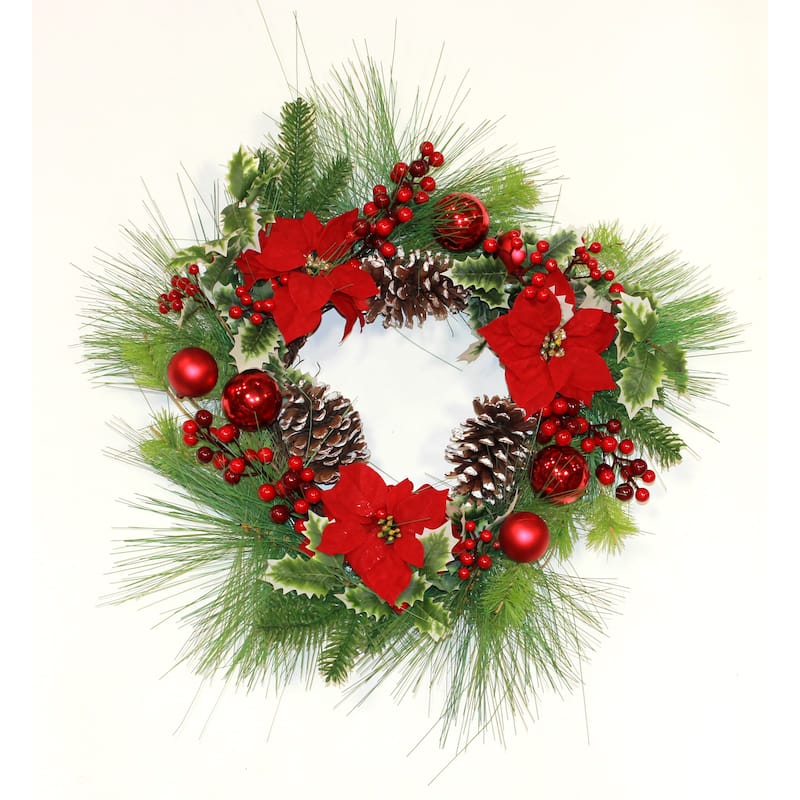 24" Poinsettia Pine Cone Ball Berries Wreath on Natural Twig Base - Multicolor