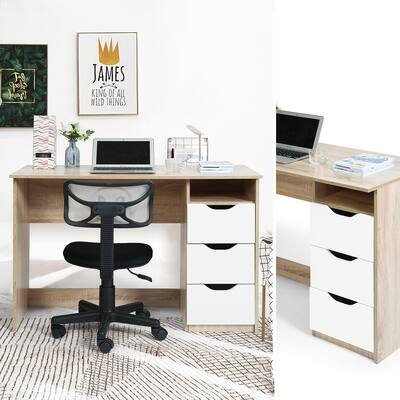 43.3" Beech Wood Corner Writing Desk w/ 3 Drawers and Shelf