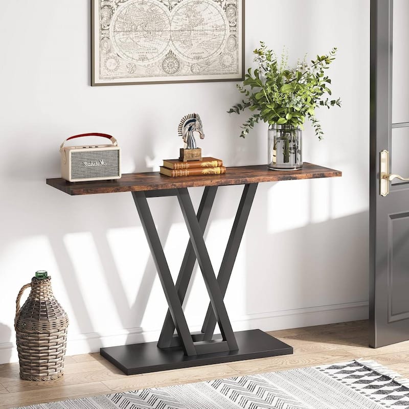 Brown Black MDF Metal Console Entryway Table with V Base Industrial Design - 43.31''L x 11.81”W x31.5”H