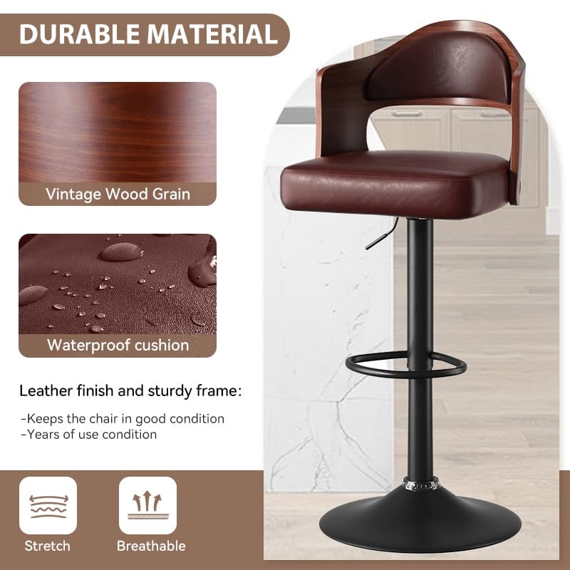 Swivel Bar Stools Set of 2 Seat Adjustable Height 24.5-33.5IN, Wooden Barstools PU Leather Upholstered Bar Chairs