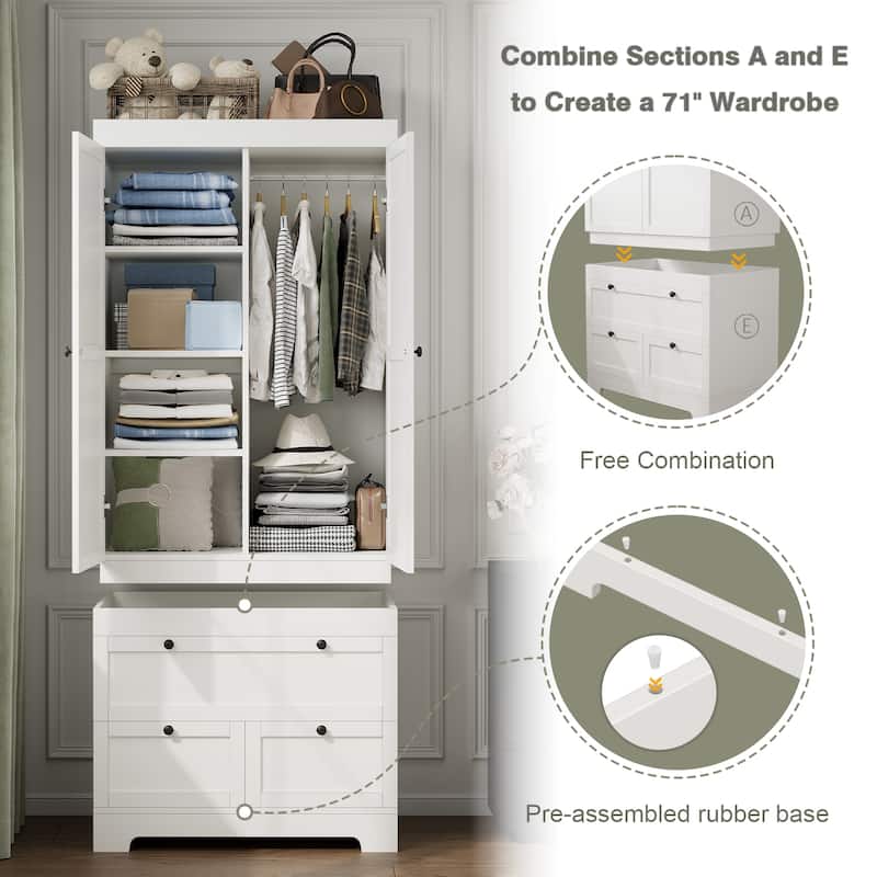 Gyomojoy Large White Wardrobe Closet with Drawers & Doors, Modular Armoire with Hanging Rods, Apartment & Dorm Storage