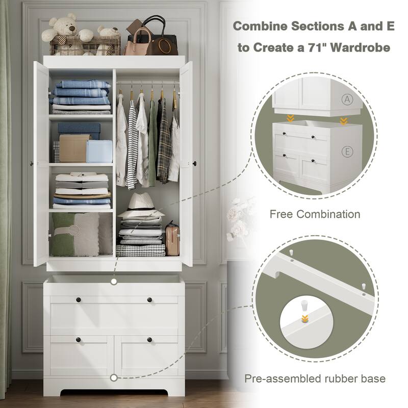 Meyreso White Modular Wardrobe Closet with Drawers, Convertible Stacking Armoire - N/A