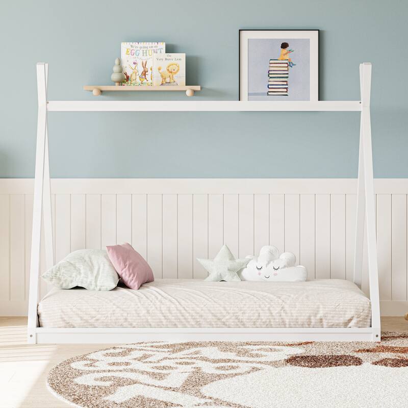Montessori Style Wood Twin Size Tent Bed for Kids - White