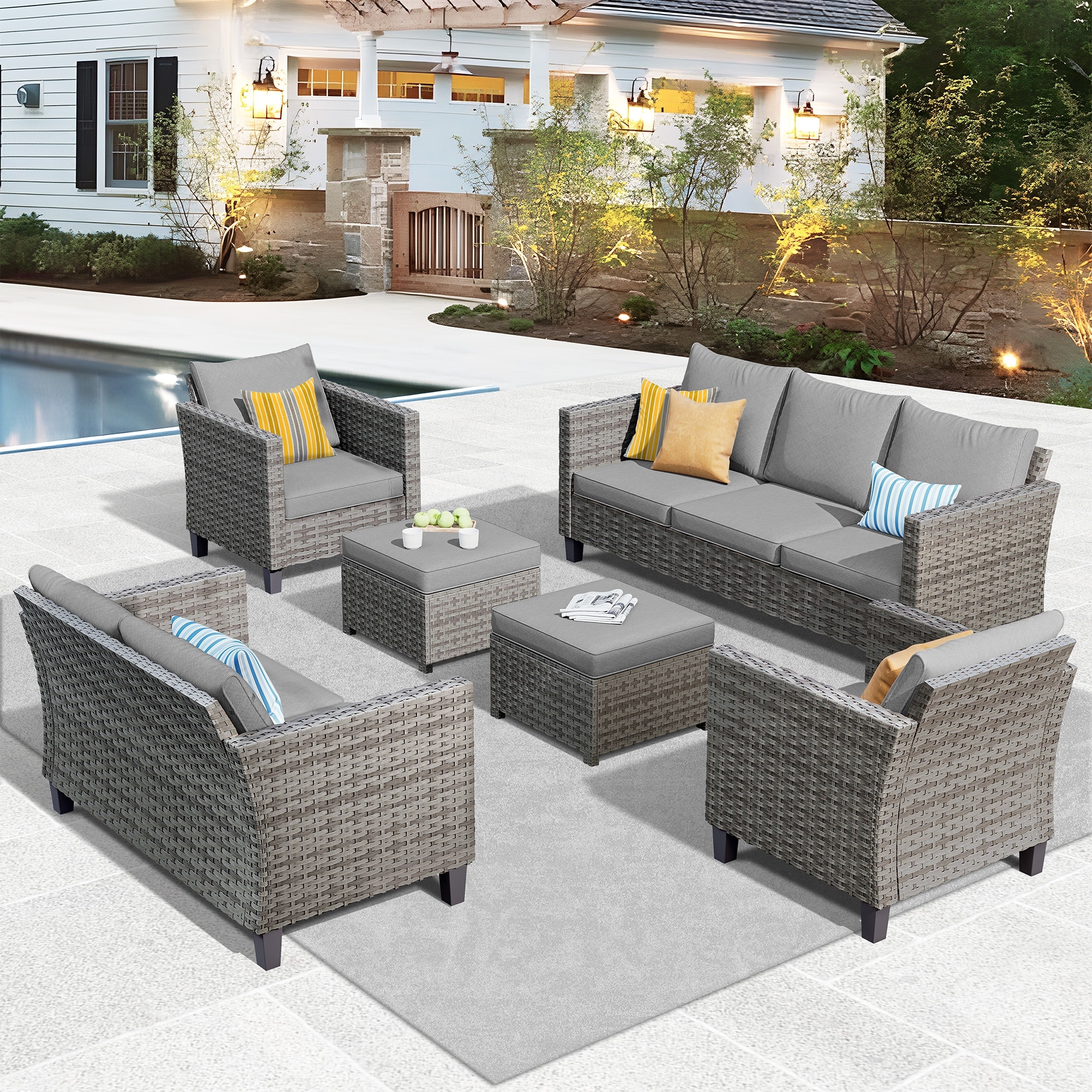 OVIOS 6-piece Patio Wicker Furniture Loveseat Conversation - Picture 16 of 29