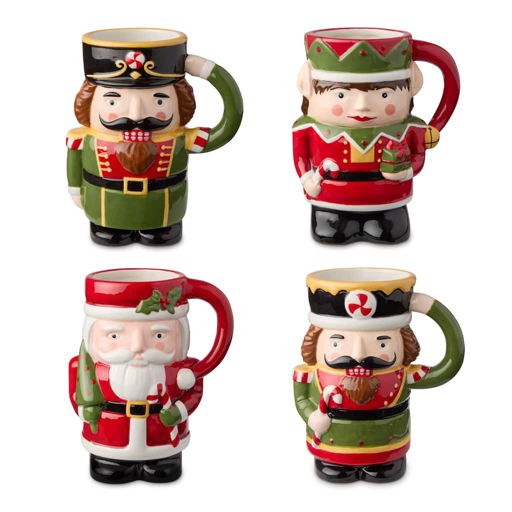 Certified International Nutcracker Parade Set of 4 3-D Mugs 20oz. Assorted Designs (Nutcracker, Baker, Santa, Elf)