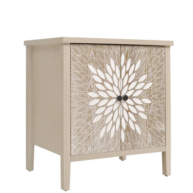 GDFStudio - Oakcraft Traditional Wooden Accent Storage Cabinet with 2 Carved Doors