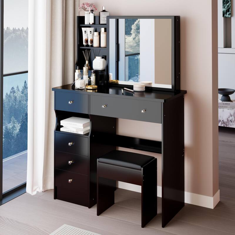 37" Middle Size Left Drawer Vanity Table + Cushioned Stool, Extra Large Right Sliding Mirror, Multi Layer High Capacity Storage
