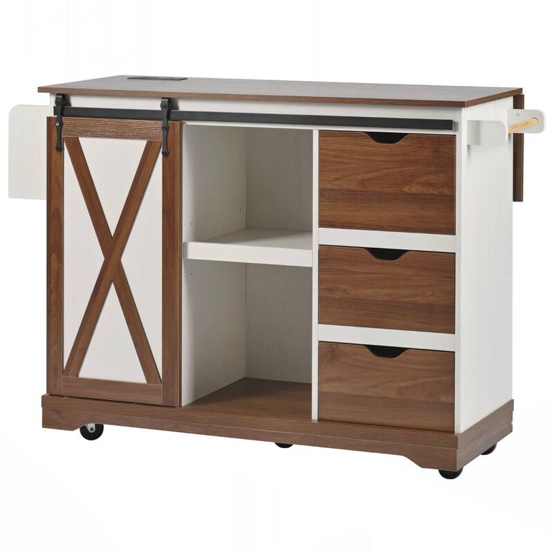 Farmhouse Kitchen Island with Drop Leaf, Kitchen Storage Island with Barn Door, Power Outlet, Rolling Kitchen Cart on Wheels