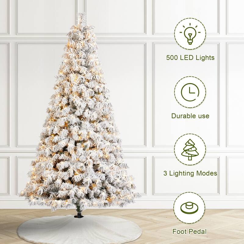 Glitzhome 7.5ft/9ft Pre-Lit Flocked Full Spruce Artificial Christmas Tree with C3 Lights Foot Switch
