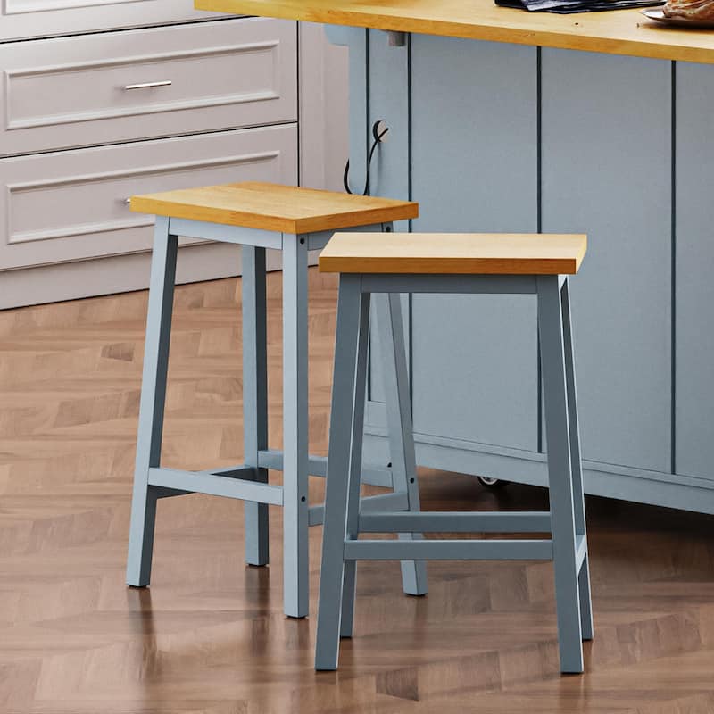 Solid Wood Bar Stools (Not Cheap Iron), 25.6" Tall Set of 2 Bar Chairs, Kitchen Counter Stools with Footrests - Grey-Blue