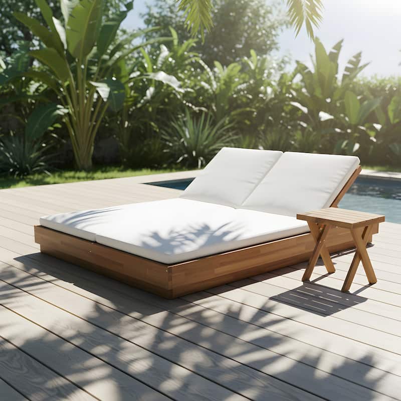 Christopher Knight Home - Modern Acacia Wood Outdoor Patio Sunlounge Set with Adjustable Backrests & Side Table - 2-Piece Set-Light Brown+Beige