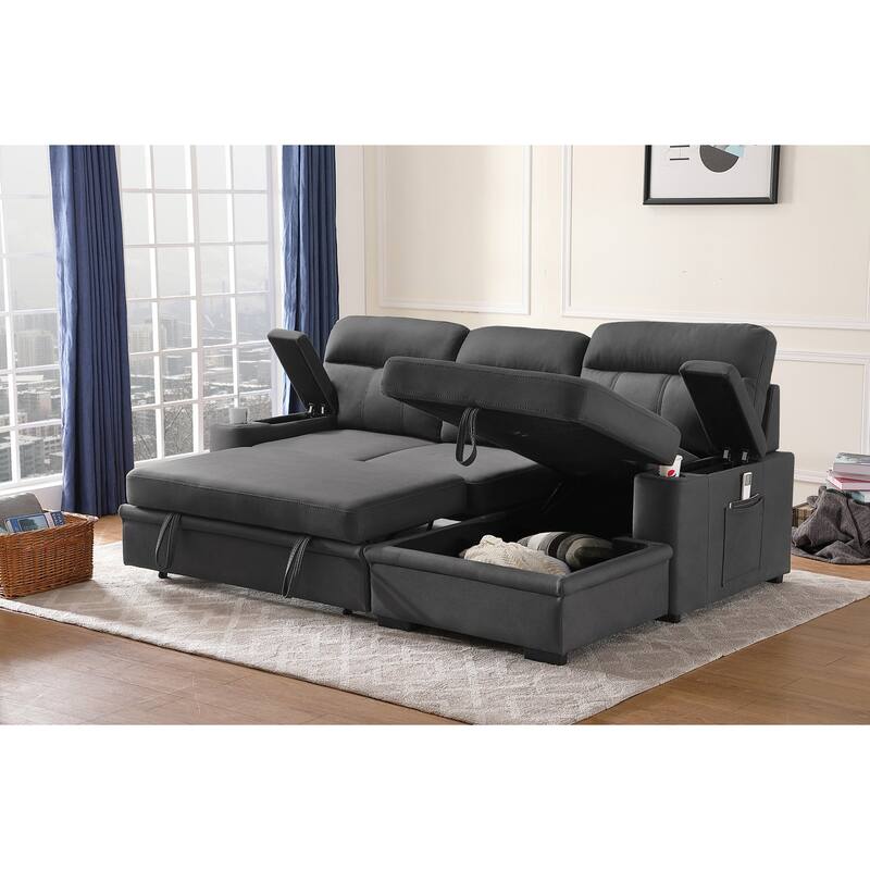 Polished Microfiber Sleeper Sectional Sofa Chaise with Cupholder