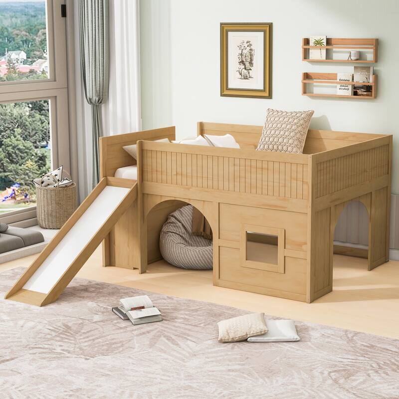 Roomfitters Full Low Loft Bed with Slide, Storage Shelves and Window Design