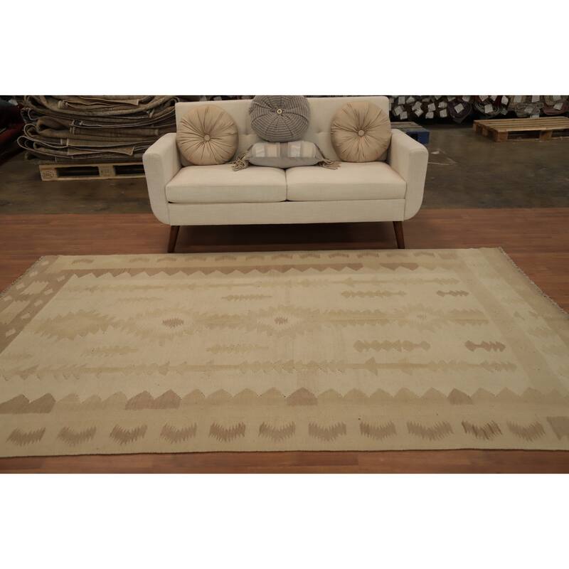 Hand Woven Oriental 100% Wool Carpet Southwestern Tribal Beige & Ivories Kilim Area Rug - 9' 1'' X 5' 9''
