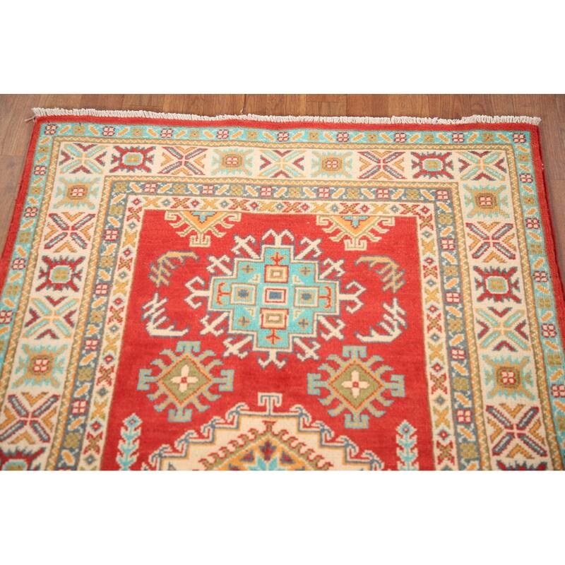 Kazak Rug Hand-Knotted Geometric Red Wool Carpet - 3'3"x 4'10"