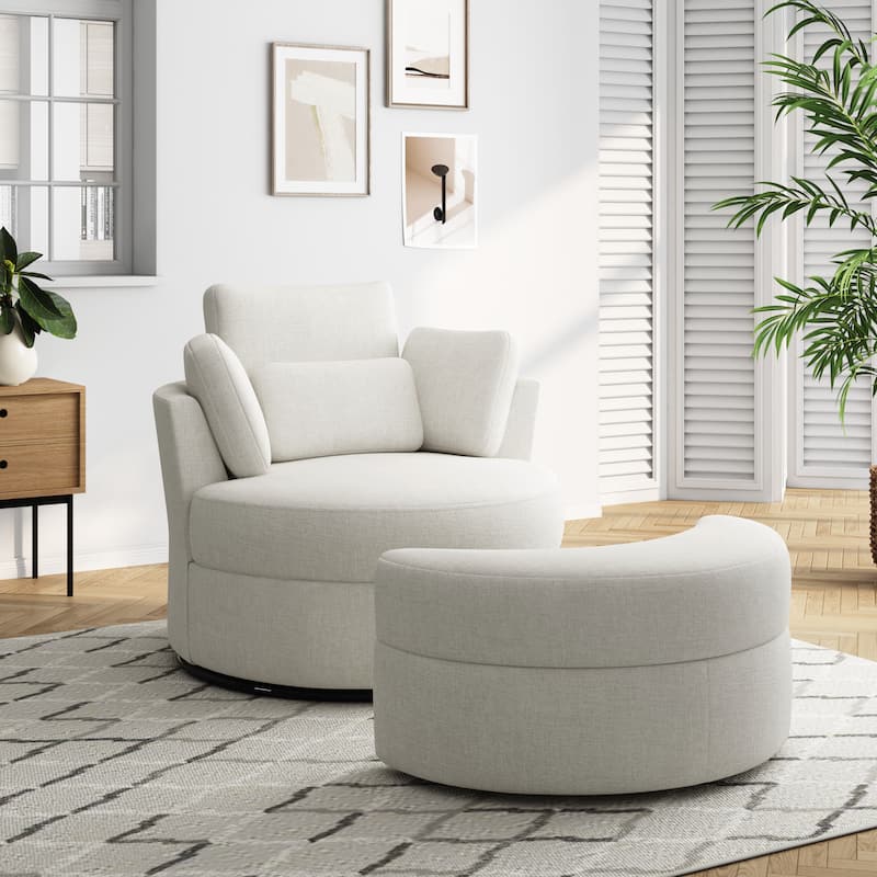 Upholstered Swivel Accent Chair with Wooden Tray Storage Ottoman - Chair & Ottoman Sets - BEIGE/Chenille