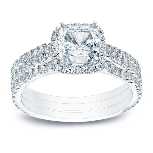 slide 1 of 10, Auriya 2 2/5ctw Cushion-cut Halo Diamond Engagement Ring 3pc Set 14k Gold