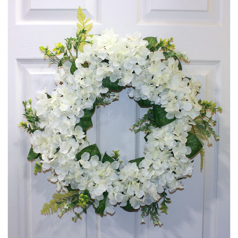 24" White Hydrangea Wreath on Natural Twig Base