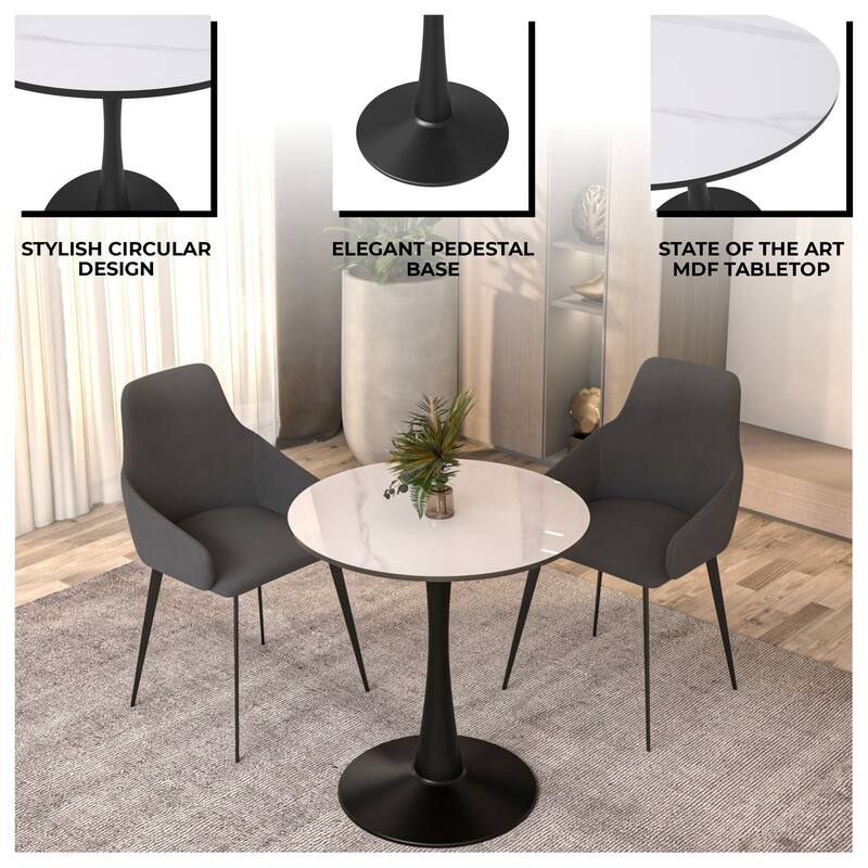 Bristol 27" Round Minimalist Dining Table Sintered Stone Top & Black Iron Pedestal Base for Kitchen & Dining Room