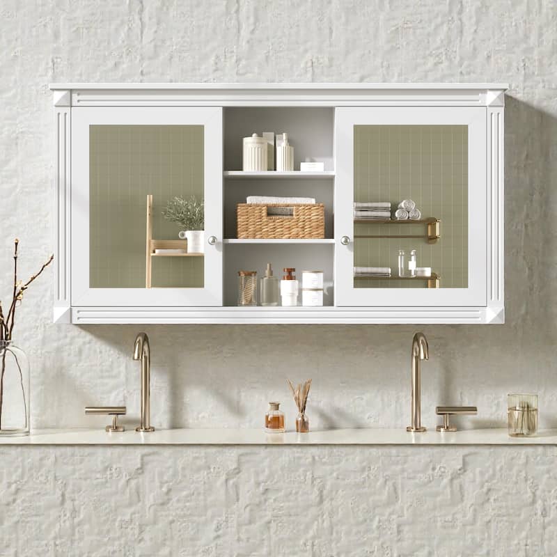 55 Inch Wall Mount Medicine Cabinet with Dual Mirrors, Adjustable Shelves and Soft Close Hinges - White