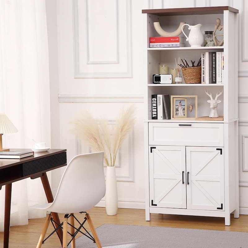 72 Inch Bookshelf Bookcase with Doors, 6-Tier Farmhouse Bookshelf with Cabinet and Drawer