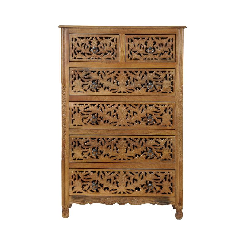 HomeRoots 35" Brown Carved Floral Solid Wood Six Drawer Dresser