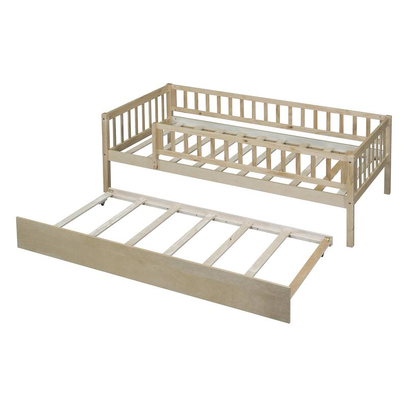 Twin Size Wood Daybed with Trundle and Safety Guardrails, Natural Finish
