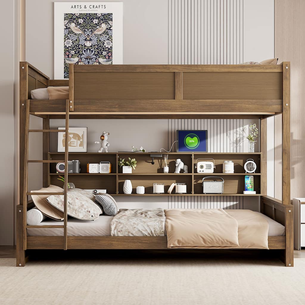 Full XL over Queen Bunk Bed with Storage Cabinets and USB Ports, Antique Wood Color