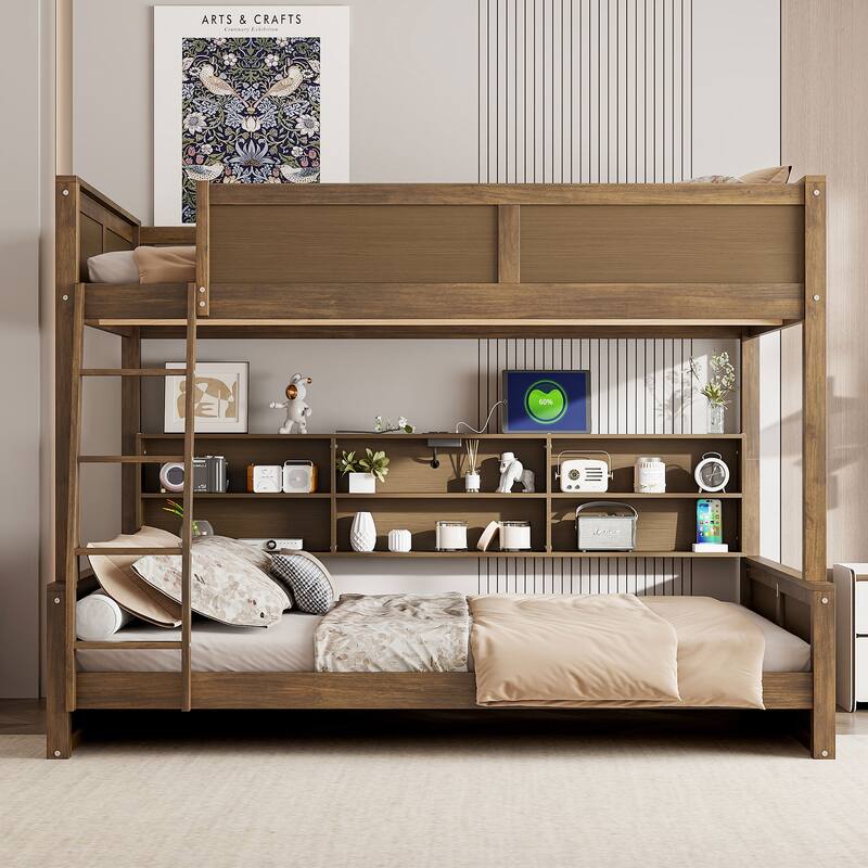 Wood Full XL over Queen Bunk Bed with Shelves, Storage Cabinets, USB Ports, Bunk Bed Frame w/Slats Support, No Box Spring Needed