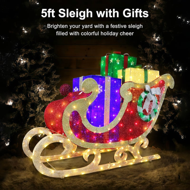 Puleo International 5' Outdoor Christmas Sleigh with Gift Boxes - Red