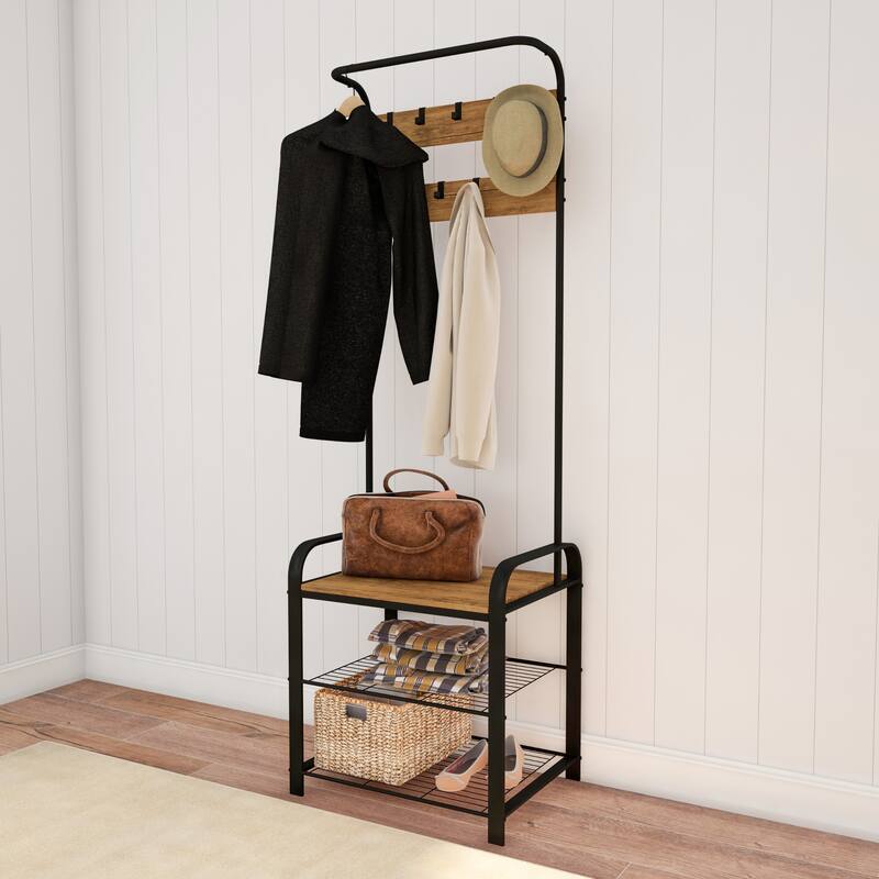 Lavish Home Freestanding Coat Rack, Espresso Brown - Rustic Brown Woodgrain Look and Black