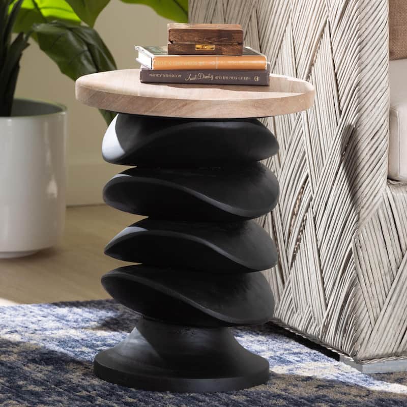Ziva End Table with Petrified Wood Top - Pedestal Accent Side Table for Living Room or Entryway