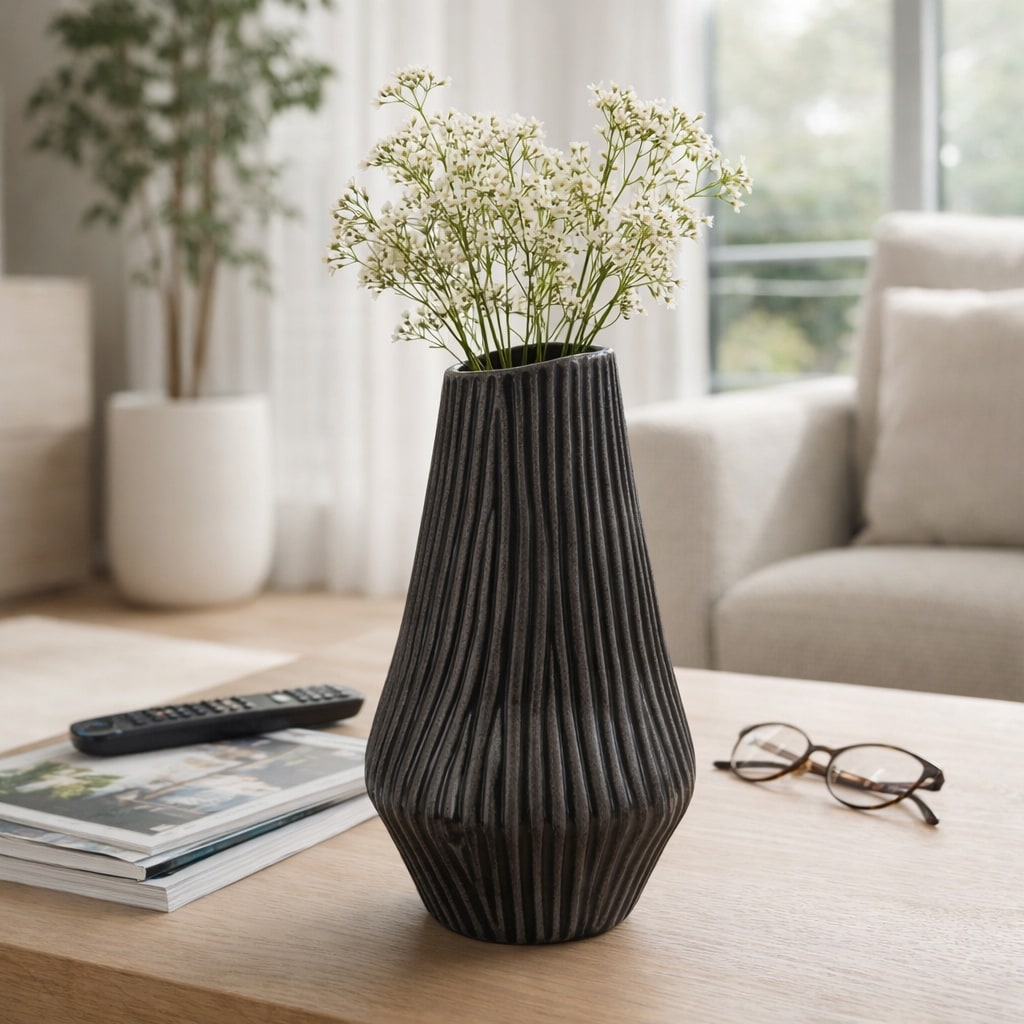 Decorative Vase - Black Ceramic Stylish Textured, 14 in.