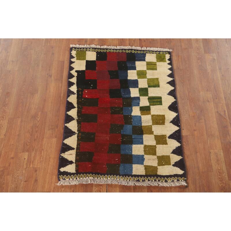 Checkered Gabbeh Persian Vintage Accent Rug Handmade Wool Carpet - 2'7" x 3'6"