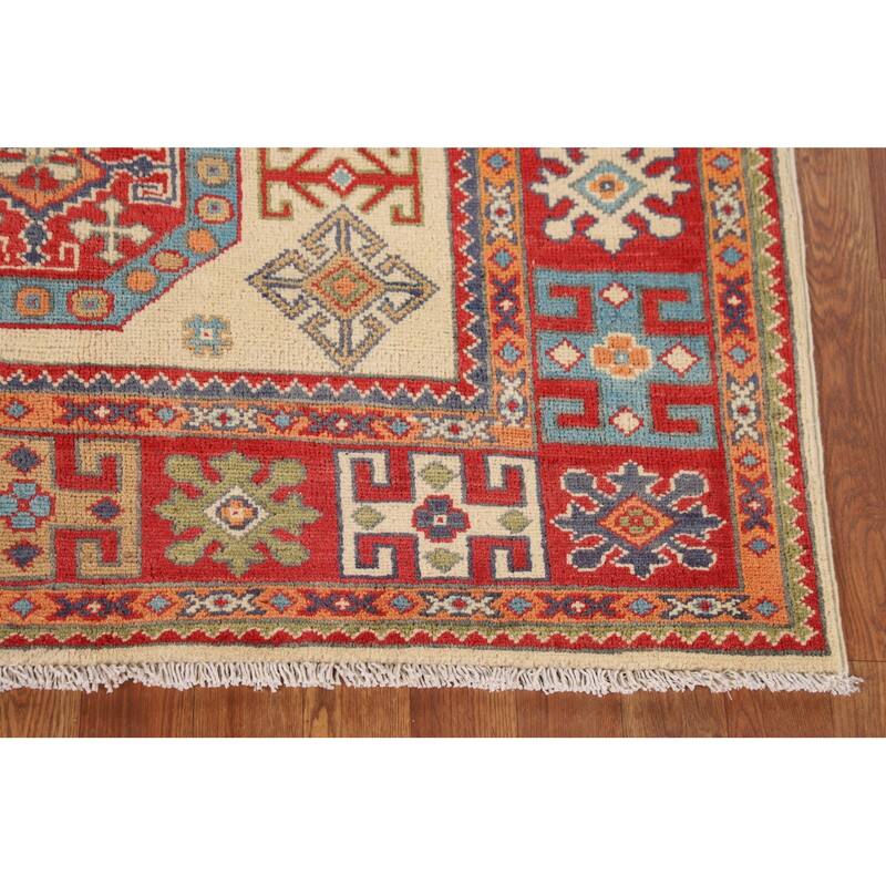 Geometric Beige Kazak Foyer Rug Hand-Knotted Oriental Wool Carpet - 4'0" x 5'11"