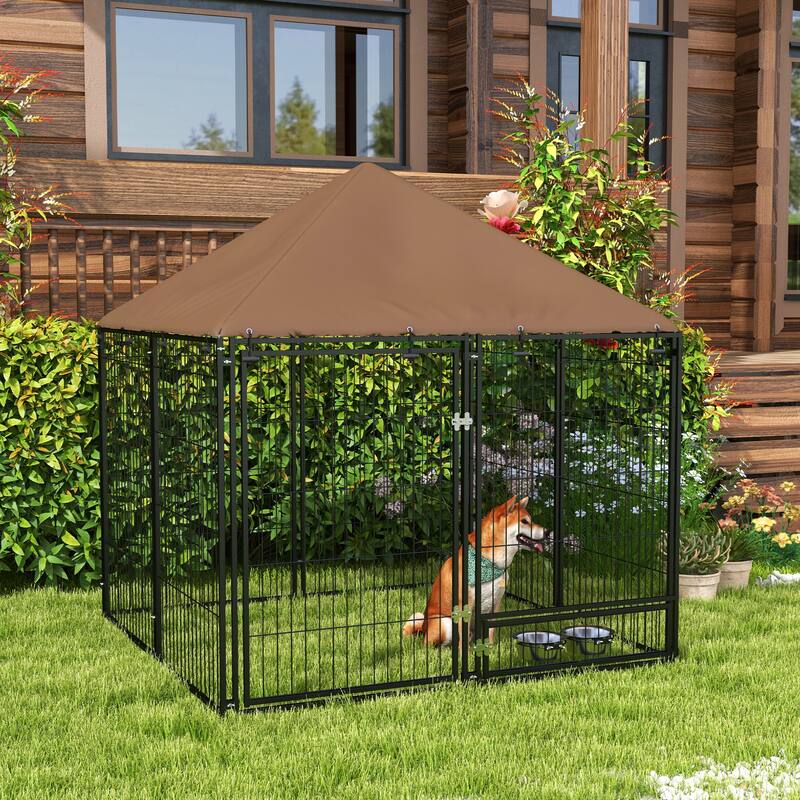 Black-Brown Metal Oxford Dog Playpen with Roof and Feeding Bowls - 55.2" L x 55.2" W x 60" H