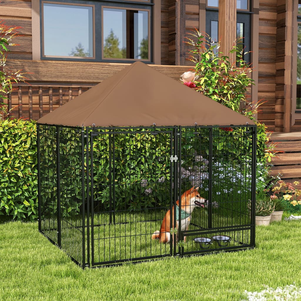 Black-Brown Metal Oxford Dog Playpen with Roof and Feeding Bowls - 55.2" L x 55.2" W x 60" H