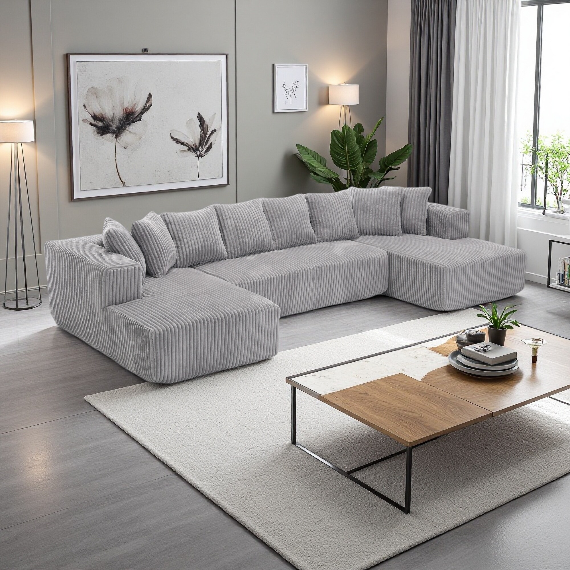 130.31" Corduroy U-Shaped 4-Seater Modular Sectional Sofa with Chaise Lounges and 8 Throw Pillows