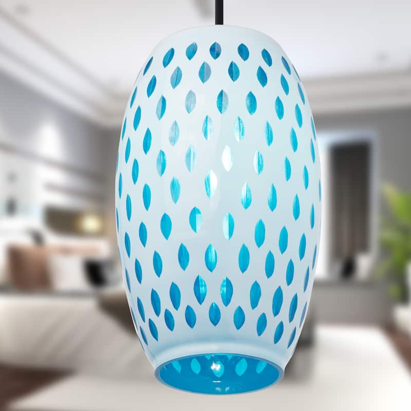 Adriana River of Goods Black Metal and White/Blue Glass 6-Inch Pendant Light with Adjustable Hanging Cord - 6" x 6" x 70.75"
