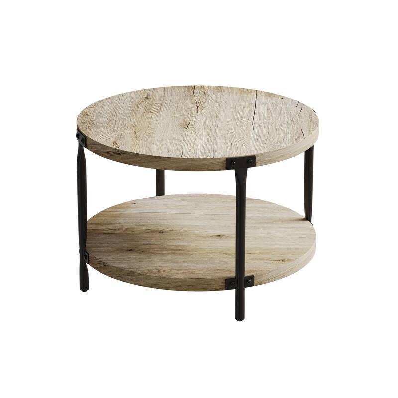 Modern Minimalist Style Round Bohemian Coffee Table Wooden 2 Layer Coffee Table with Large Storage Space, for Living Room - Beige