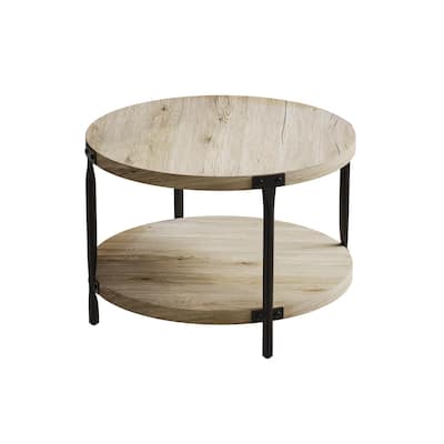 Modern Minimalist Style Round Bohemian Coffee Table Wooden 2 Layer Coffee Table with Large Storage Space, for Living Room