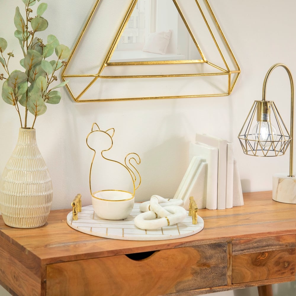 Sagebrook Home 10" Ceramic Cat Trinket Tray in White and Gold, Cat Shaped Jewelry Holder, Great Gift for Cat Lovers