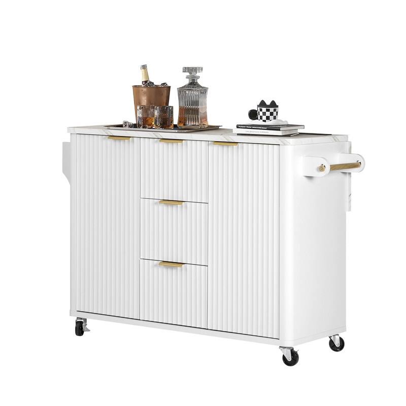 55.5" Fluted Kitchen Island with Drop Leaf and Storage Features Power Outlet and Adjustable Shelves