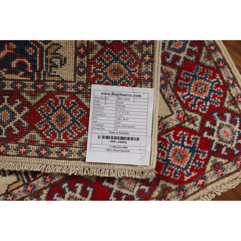 Geometric Kazak Foyer Rug Hand-Knotted Oriental Wool Carpet - 2'0"x 3'0"