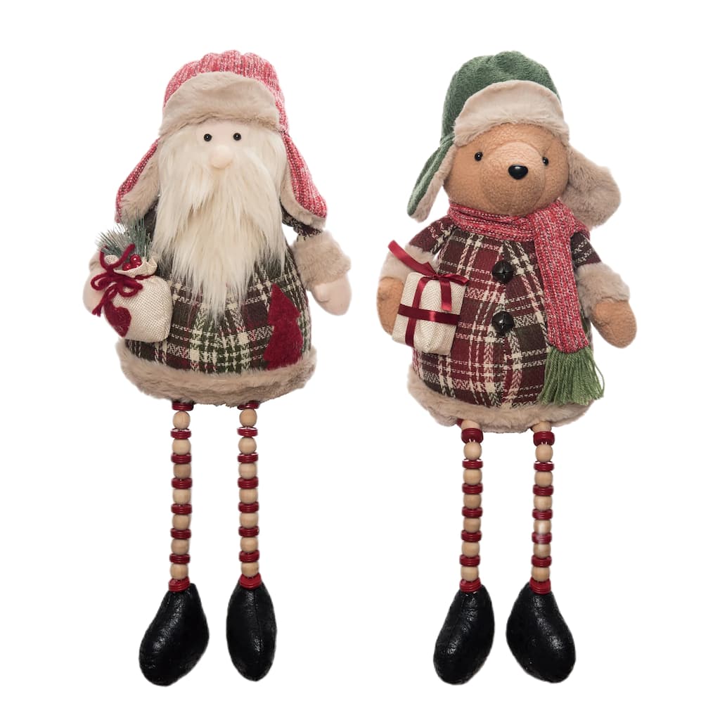 Transpac Christmas Plush Plaid Santa/Bear Shelf Sitter Set of 2 Christmas Home Decorations