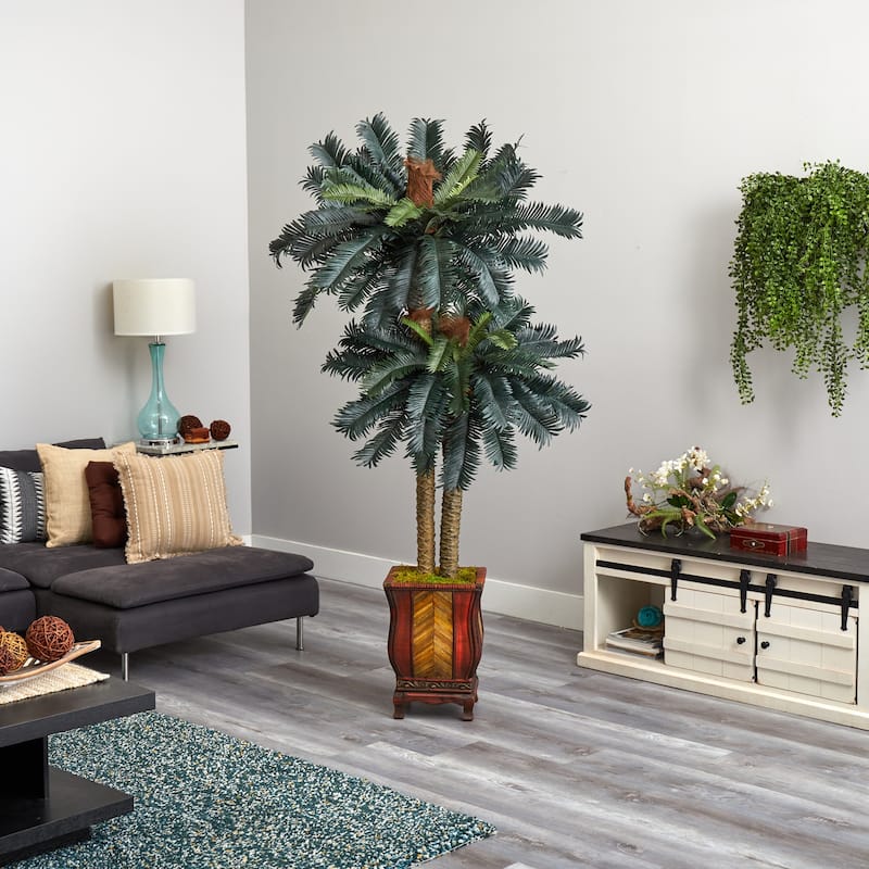 Artificial Sago Palm Tree 6ft Indoor - Realistic Double Sago Plant with Planter - Home Office Decor - 6ft.