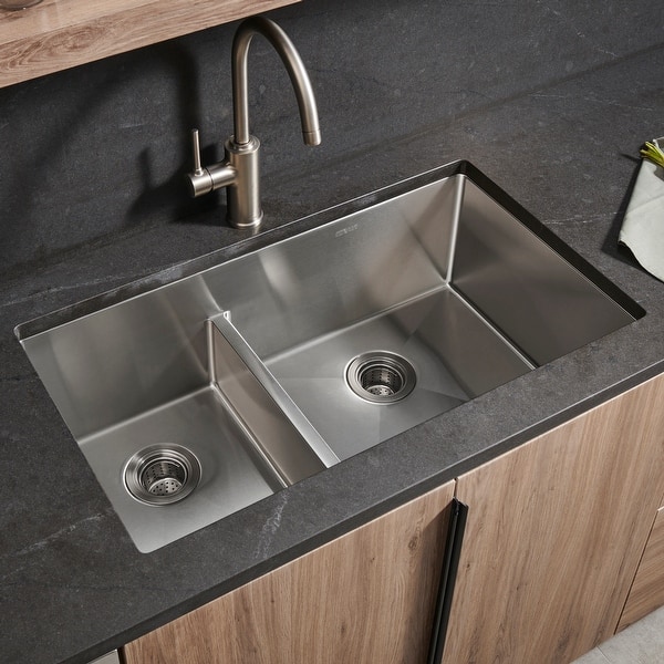 slide 2 of 9, Ruvati 33-inch Low-Divide Undermount 40/60 Double Bowl 16 Gauge Rounded Corners Stainless Steel Kitchen Sink - 33 x 19 - 33 x 19